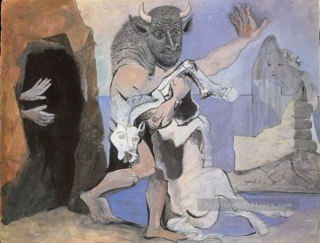  face - Minotaure et jument morte devant une grotte face à une fille au voile 1936 Pablo Picasso